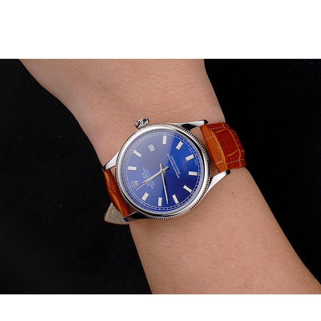 Aaa replica watch Case Leather Datejust Stainless Blue Swiss Brown Dial Steel Strap Rolex Light 0816